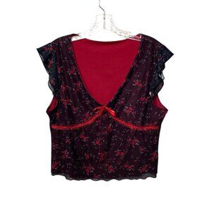 Romwe Floral Print Sheer Overlay Blouse Red Lining & Tie Back Women's XL Ruffle